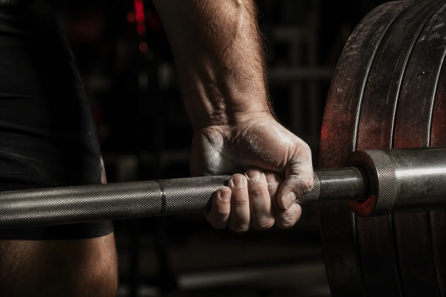 Chalked hands gripping a knurled Olympic barbell