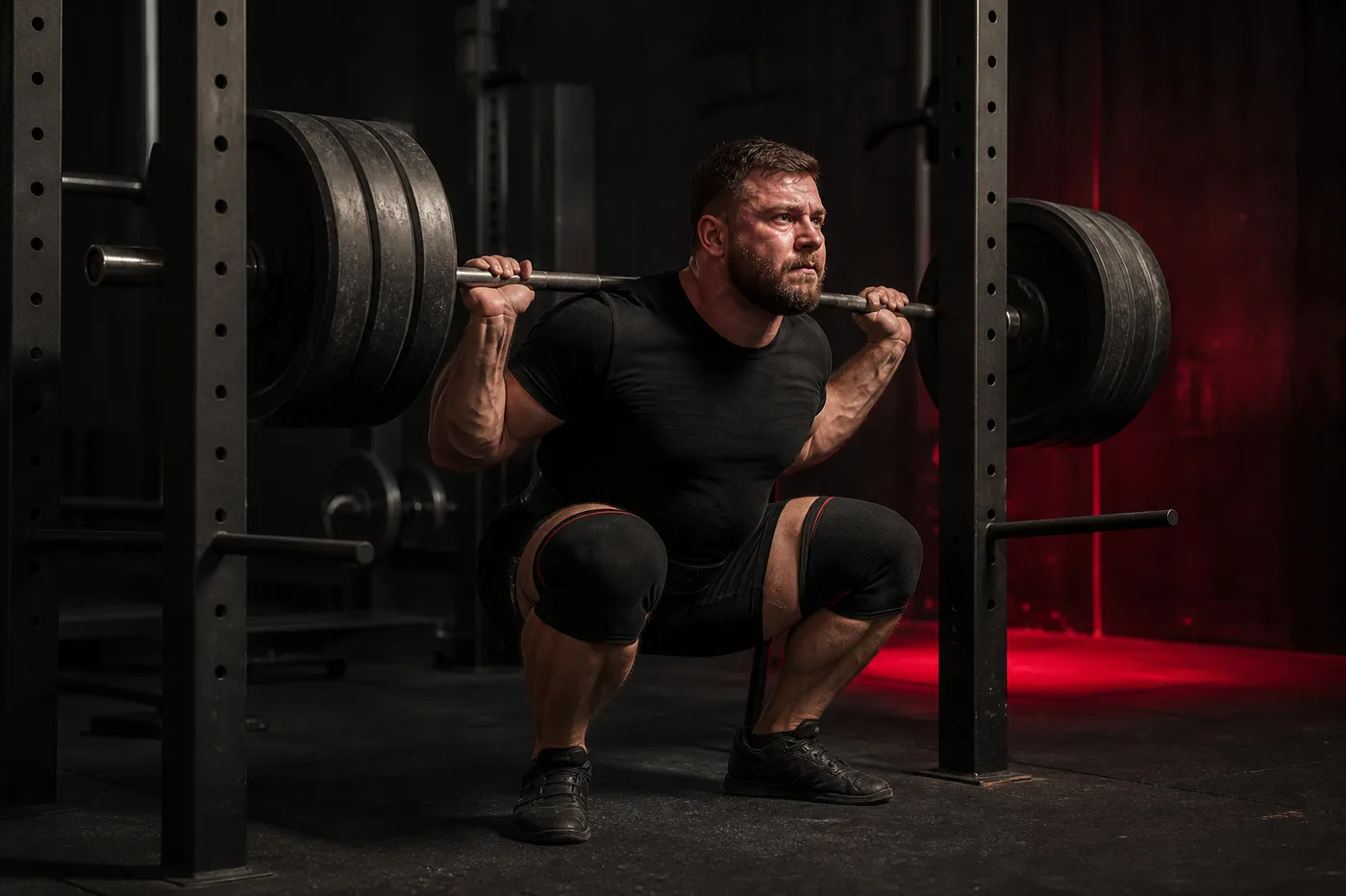 Athlete performing a back squat in a power rack